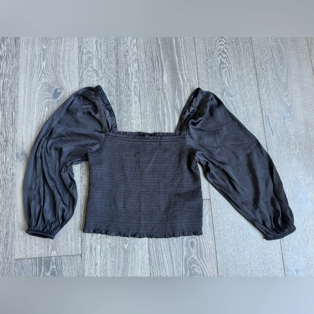 J. Crew  Squareneck Smocked Featherweight Satin Crop Top in Black Size Large